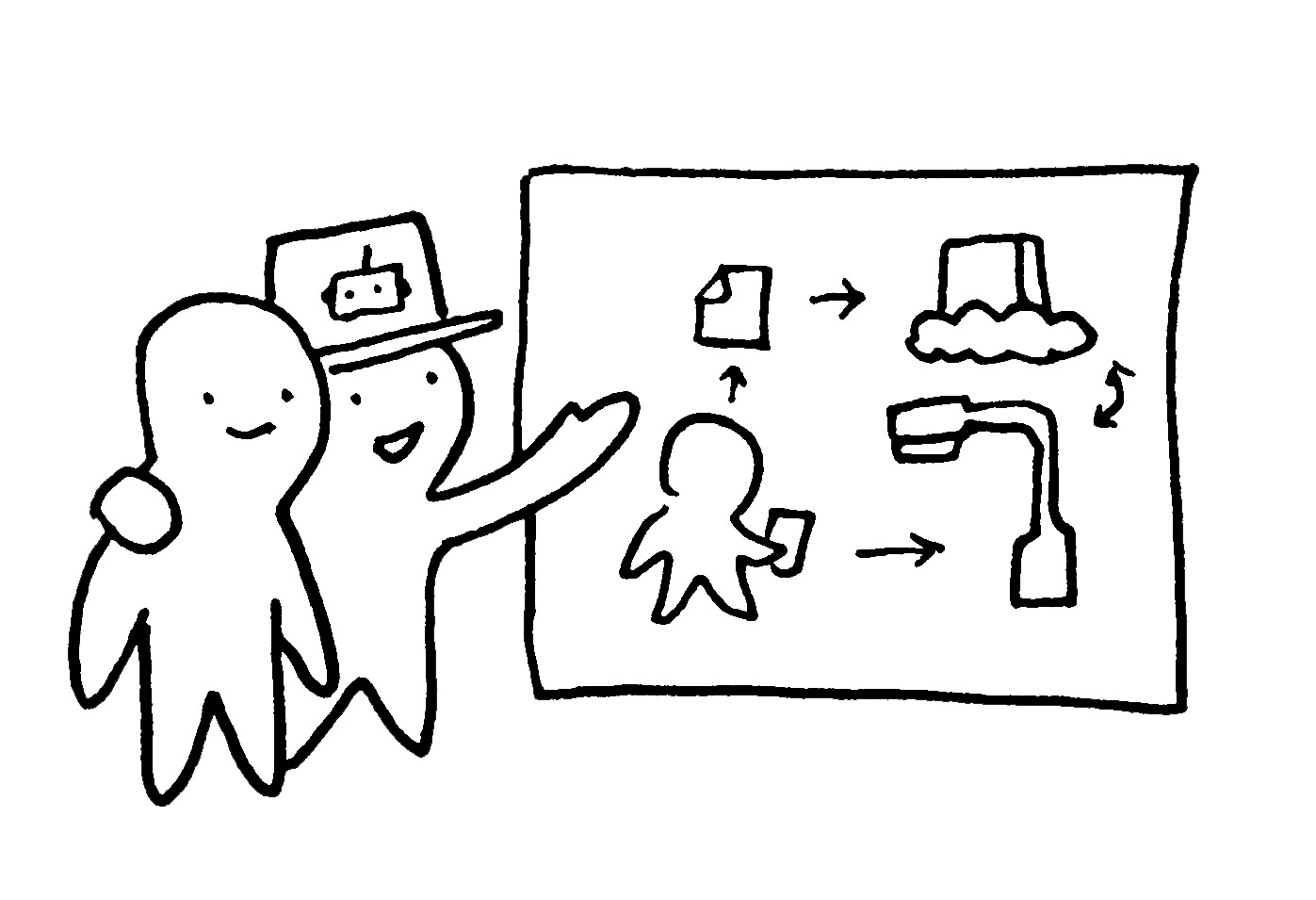 Drawing of a figure in an official looking hat explaining a system diagram to another figure